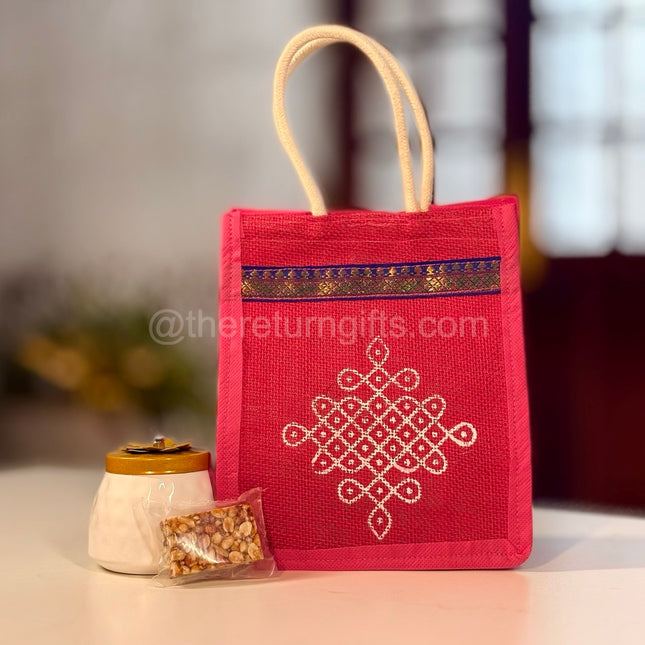 White Cone Decorative Jar + Peanut Chikki + Jute Bag