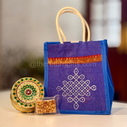 4 inch Meenakari box + Peanut Chikki + Jute Bag