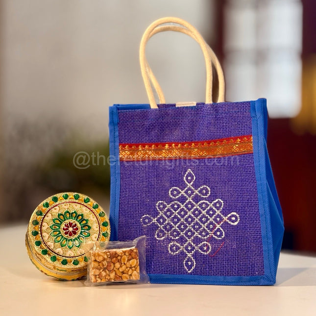 4 inch Meenakari box + Peanut Chikki + Jute Bag