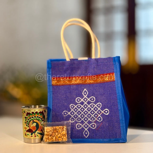 Meenakari Glass + Peanut Chikki + Jute Bag
