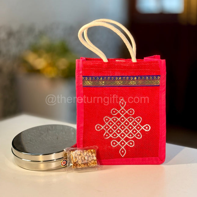 Stainless Steel Flat Box + Peanut Chikki + Jute Bag