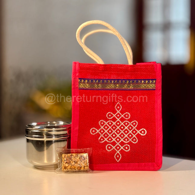 Stainless Steel Cookie Box + Peanut Chikki + Jute Bag