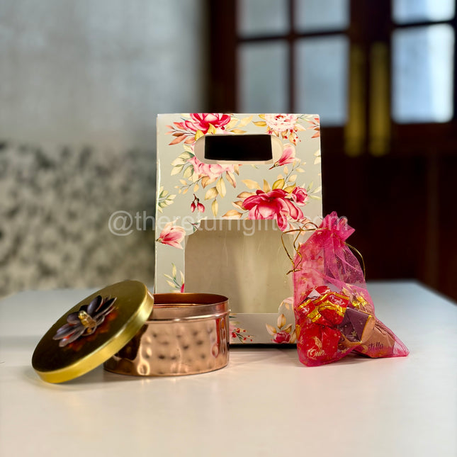 4 Inch Flat Jar with Chocolate Pouch & Floral Box | Return Gift