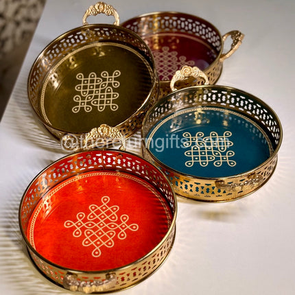 Brass Coated Kolam Metal Tray With Handles