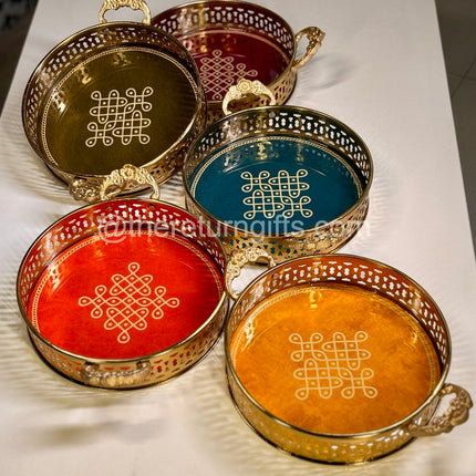 Brass Coated Kolam Metal Tray With Handles