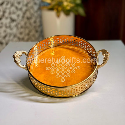 Brass Coated Kolam Metal Tray With Handles