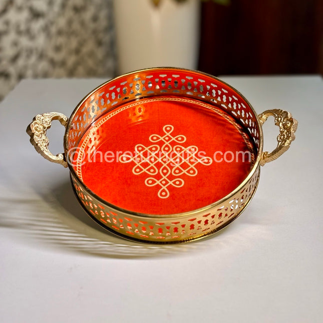 Brass Coated Kolam Metal Tray With Handles