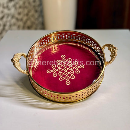 Brass Coated Kolam Metal Tray With Handles