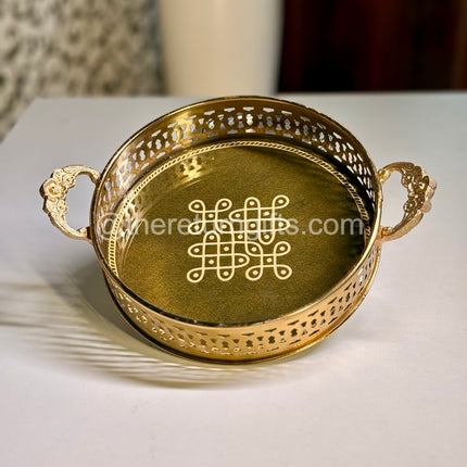 Brass Coated Kolam Metal Tray With Handles