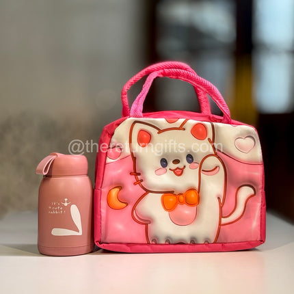 3D Cartoon Cat Insulated Lunch Bag with Bunny Bottle - 330ml