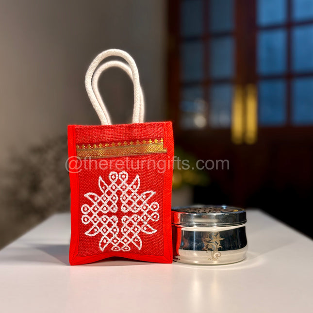5inch Stainless Steel Boxwith kolam Jute Bag