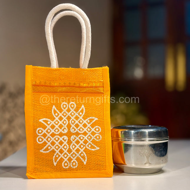 4.5inch Stainless Steel Box with Engraving + Kolam Jute Bag
