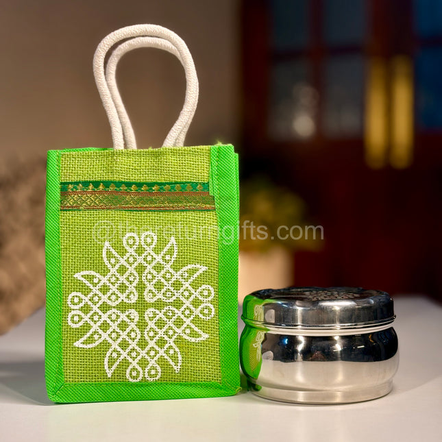 5inch Stainless Steel Box With Kolam Jute Bag