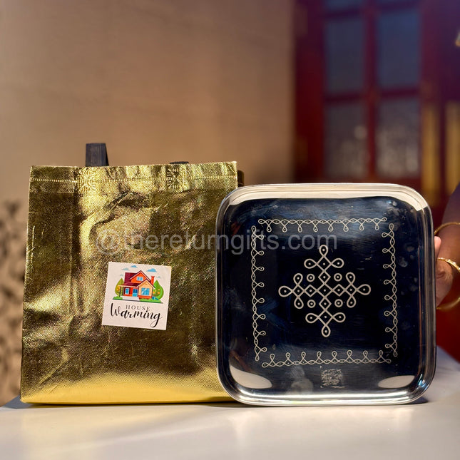 9inch Stainless Steel Plate With Kolam Engraving + Gold Pvc Bag