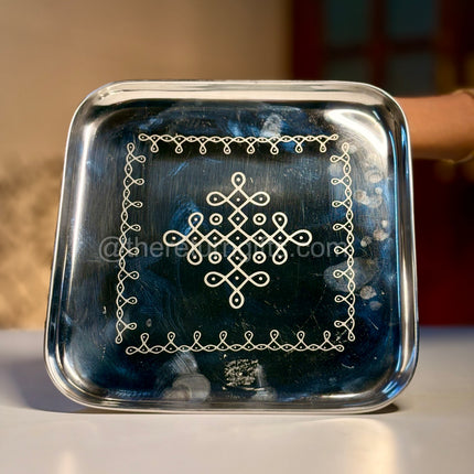 9inch Stainless Steel Plate With Kolam Engraving + Gold Pvc Bag