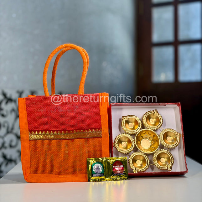 Dual Panel Jute Bag + Urli + Haldi Kumkumam