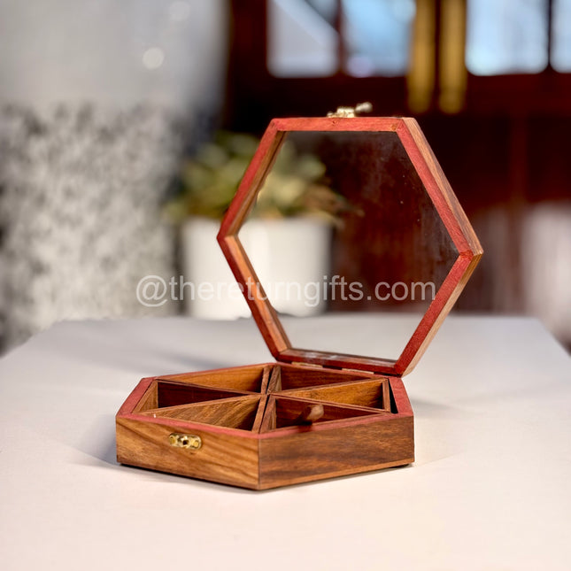 Hexagon Wooden Spice Box with Spoon | TRG0044 | Handcrafted Hexagonal Masala Dabba with Compartments Under ₹600 | Premium Wedding & Housewarming Return Gift