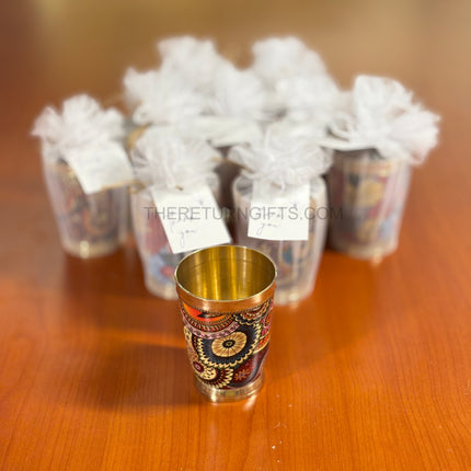 Brass Printed Glass Tumbler Return Gift | TRG0011 | Enamel Brass Glass Under ₹400 | Wedding & Festive Party Favor