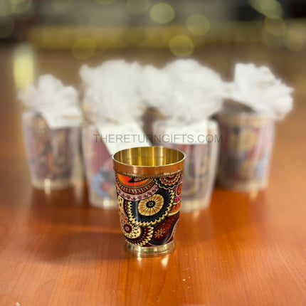 Brass Printed Glass Tumbler Return Gift | TRG0011 | Enamel Brass Glass Under ₹400 | Wedding & Festive Party Favor