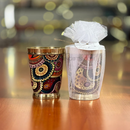 Brass Printed Glass Tumbler Return Gift | TRG0011 | Enamel Brass Glass Under ₹400 | Wedding & Festive Party Favor