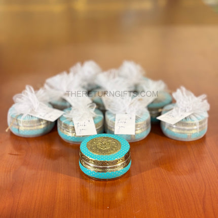 4" Blue Meenakari Box | TRG0034 | 4 Inch Round Blue Meenakari Stainless Steel Gift Box Under ₹200 | Traditional Wedding, Pooja & Festive Return Gift Dabba