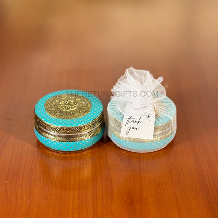 4" Blue Meenakari Box | TRG0034 | 4 Inch Round Blue Meenakari Stainless Steel Gift Box Under ₹200 | Traditional Wedding, Pooja & Festive Return Gift Dabba