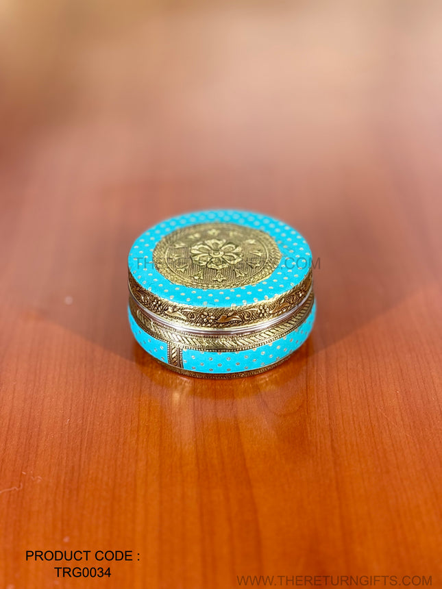 4" Blue Meenakari Box | TRG0034 | 4 Inch Round Blue Meenakari Stainless Steel Gift Box Under ₹150 | Traditional Wedding & Housewarming Return Gift