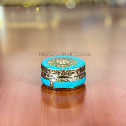 4" Blue Meenakari Box | TRG0034 | 4 Inch Round Blue Meenakari Stainless Steel Gift Box Under ₹200 | Traditional Wedding, Pooja & Festive Return Gift Dabba