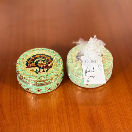 4" Green Meenakari Box | TRG0033 | 4 Inch Round Green Meenakari Stainless Steel Box Under ₹200 | Traditional Wedding, Pooja & Festive Return Gift