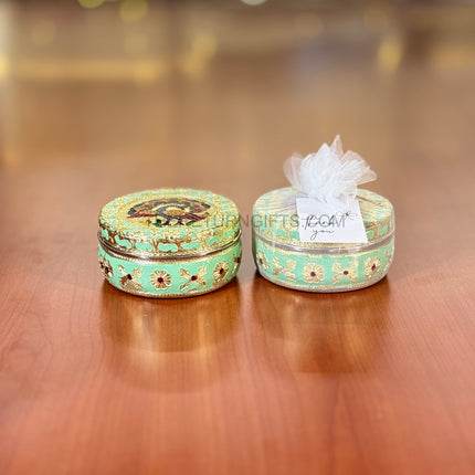 4" Green Meenakari Box | TRG0033 | 4 Inch Round Green Meenakari Stainless Steel Box Under ₹200 | Traditional Wedding, Pooja & Festive Return Gift