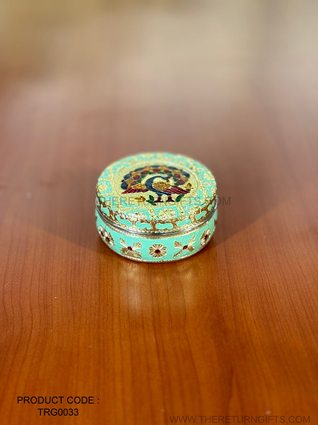 4" Green Meenakari Box | TRG0033 | 4 Inch Round Green Meenakari Stainless Steel Box Under ₹150 | Traditional Wedding & Housewarming Return Gift
