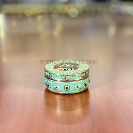 4" Green Meenakari Box | TRG0033 | 4 Inch Round Green Meenakari Stainless Steel Box Under ₹200 | Traditional Wedding, Pooja & Festive Return Gift