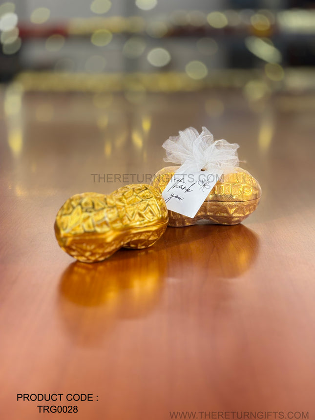 Golden Shaped Peanut Jar | TRG0028 | Gold Finish Metal Peanut‑Shape Jar Under ₹500 | Unique Wedding & Festive Return Gift Container