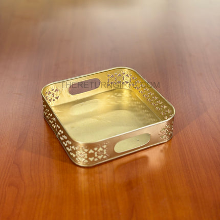 10" Gold Cutwork Square Tray | TRG0024 | Gold Finish Metal Square Cutwork Decorative Tray for Hampers Under ₹400 | Elegant Wedding, Engagement & Festive Return Gift Tray