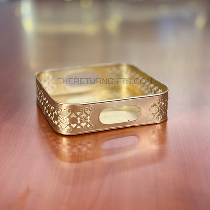 10" Gold Cutwork Square Tray | TRG0024 | Gold Finish Metal Square Cutwork Decorative Tray for Hampers Under ₹400 | Elegant Wedding, Engagement & Festive Return Gift Tray