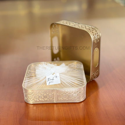 8" Gold Cutwork Square Tray | TRG0023 | Gold Finish Metal Square Cutwork Decorative Tray for Hampers Under ₹300 | Elegant Wedding, Engagement & Festive Return Gift Tray