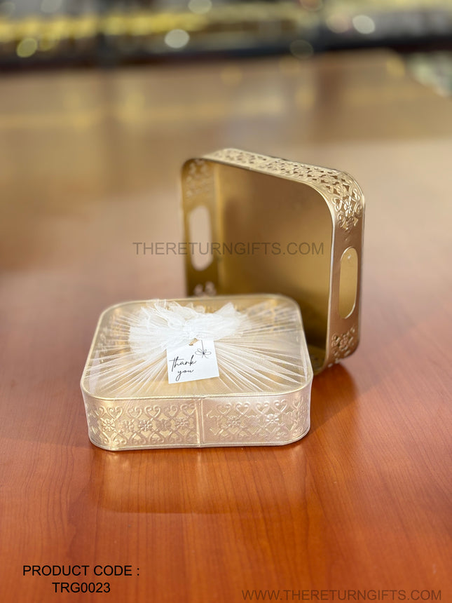 8" Gold Cutwork Square Tray | TRG0023 | Gold Finish Metal Square Cutwork Decorative Tray for Hampers Under ₹300 | Elegant Wedding, Engagement & Festive Return Gift Tray