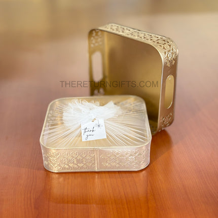 10" Gold Cutwork Square Tray | TRG0024 | Gold Finish Metal Square Cutwork Decorative Tray for Hampers Under ₹400 | Elegant Wedding, Engagement & Festive Return Gift Tray