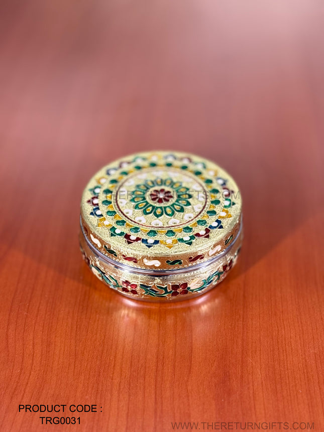 5" Meenakari Box | TRG0031 | 5 Inch Round Stainless Steel Meenakari Peacock Box Under ₹150 | Traditional Wedding & Housewarming Return Gift