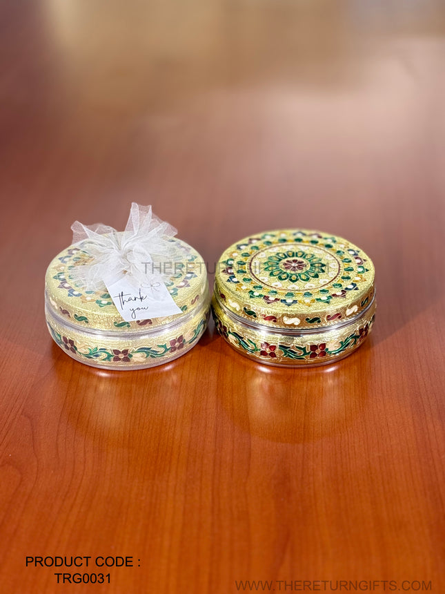 5" Meenakari Box | TRG0031 | 5 Inch Round Stainless Steel Meenakari Peacock Box Under ₹250 | Traditional Wedding, Pooja & Festive Return Gift