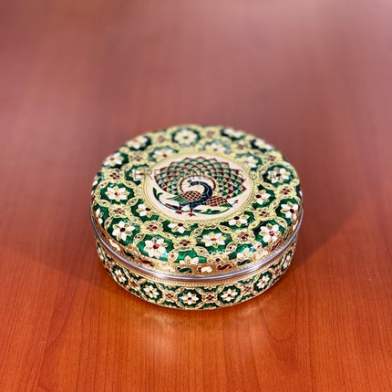 Round Meenakari Spice Box | TRG0036 | 8 Inch Stainless Steel Meenakari Masala Dabba with 7 Inner Cups & Spoon Under ₹500 | Traditional Kitchen Spice Organizer & Wedding Festive Return Gift