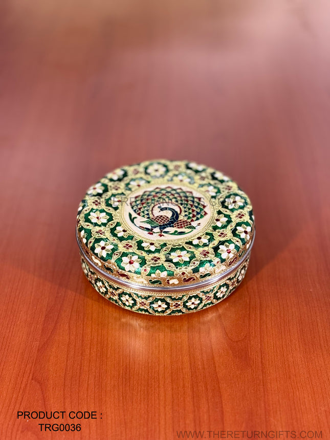 Round Meenakari Spice Box | TRG0036 | 8 Inch Stainless Steel Meenakari Masala Dabba with 7 Inner Cups & Spoon Under ₹500 | Traditional Kitchen Spice Organizer & Wedding Festive Return Gift