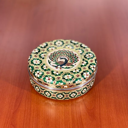 Round Meenakari Spice Box | TRG0036 | 8 Inch Stainless Steel Meenakari Masala Dabba with 7 Inner Cups & Spoon Under ₹500 | Traditional Kitchen Spice Organizer & Wedding Festive Return Gift