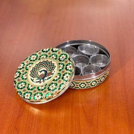 Round Meenakari Spice Box | TRG0036 | 8 Inch Stainless Steel Meenakari Masala Dabba with 7 Inner Cups & Spoon Under ₹500 | Traditional Kitchen Spice Organizer & Wedding Festive Return Gift