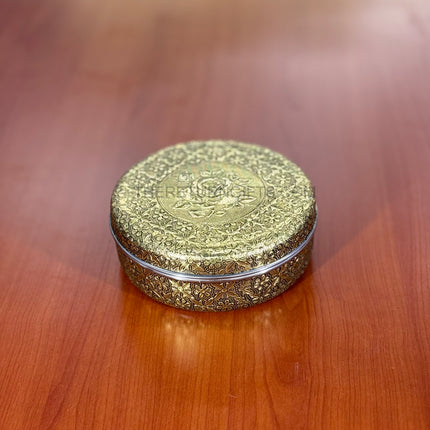 Gold Floral Round Spice Box | TRG0037 | Gold Masala Dabba with Floral Engraved Lid, 7 Inner Cups & Spoon Under ₹500 | Elegant Kitchen Spice Organizer & Festive Return Gift
