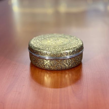 Gold Floral Round Spice Box | TRG0037 | Gold Masala Dabba with Floral Engraved Lid, 7 Inner Cups & Spoon Under ₹500 | Elegant Kitchen Spice Organizer & Festive Return Gift