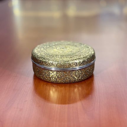 Gold Floral Round Spice Box | TRG0037 | Gold Masala Dabba with Floral Engraved Lid, 7 Inner Cups & Spoon Under ₹500 | Elegant Kitchen Spice Organizer & Festive Return Gift