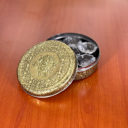 Gold Floral Round Spice Box | TRG0037 | Gold Masala Dabba with Floral Engraved Lid, 7 Inner Cups & Spoon Under ₹500 | Elegant Kitchen Spice Organizer & Festive Return Gift