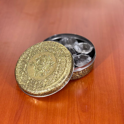 Gold Floral Round Spice Box | TRG0037 | Gold Masala Dabba with Floral Engraved Lid, 7 Inner Cups & Spoon Under ₹500 | Elegant Kitchen Spice Organizer & Festive Return Gift