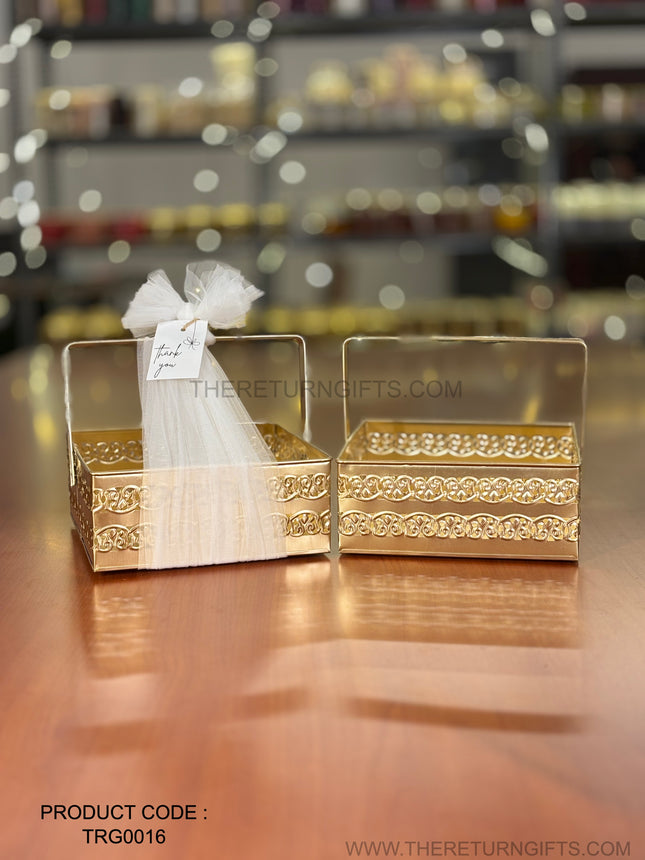 8" Square Gold Metal Handle Tray | TRG0016 | Small Gold Finish Metal Square Tray with Handles Under ₹300 | Stylish Hamper Serving Tray for Wedding, Festive & Return Gifts